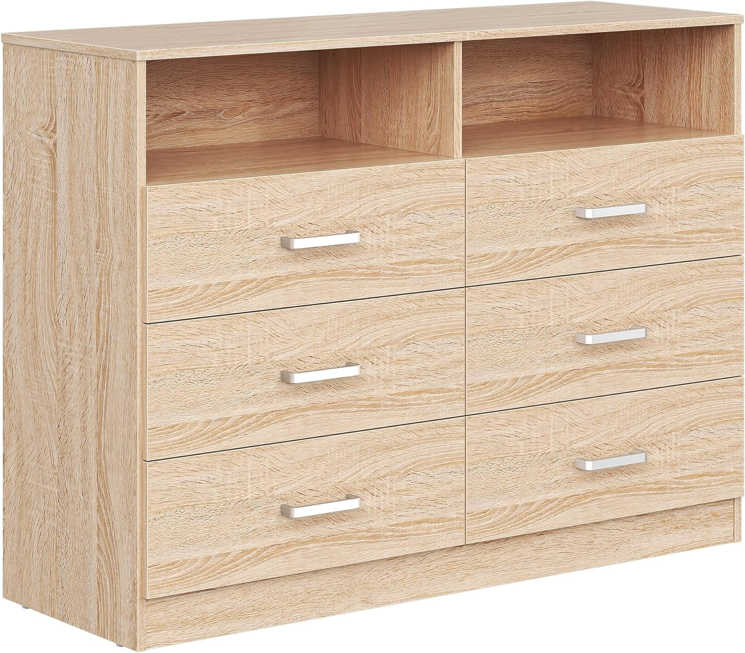 Meteorleg 6 Drawer Dresser with Open Storage,Natural Wood Dresser