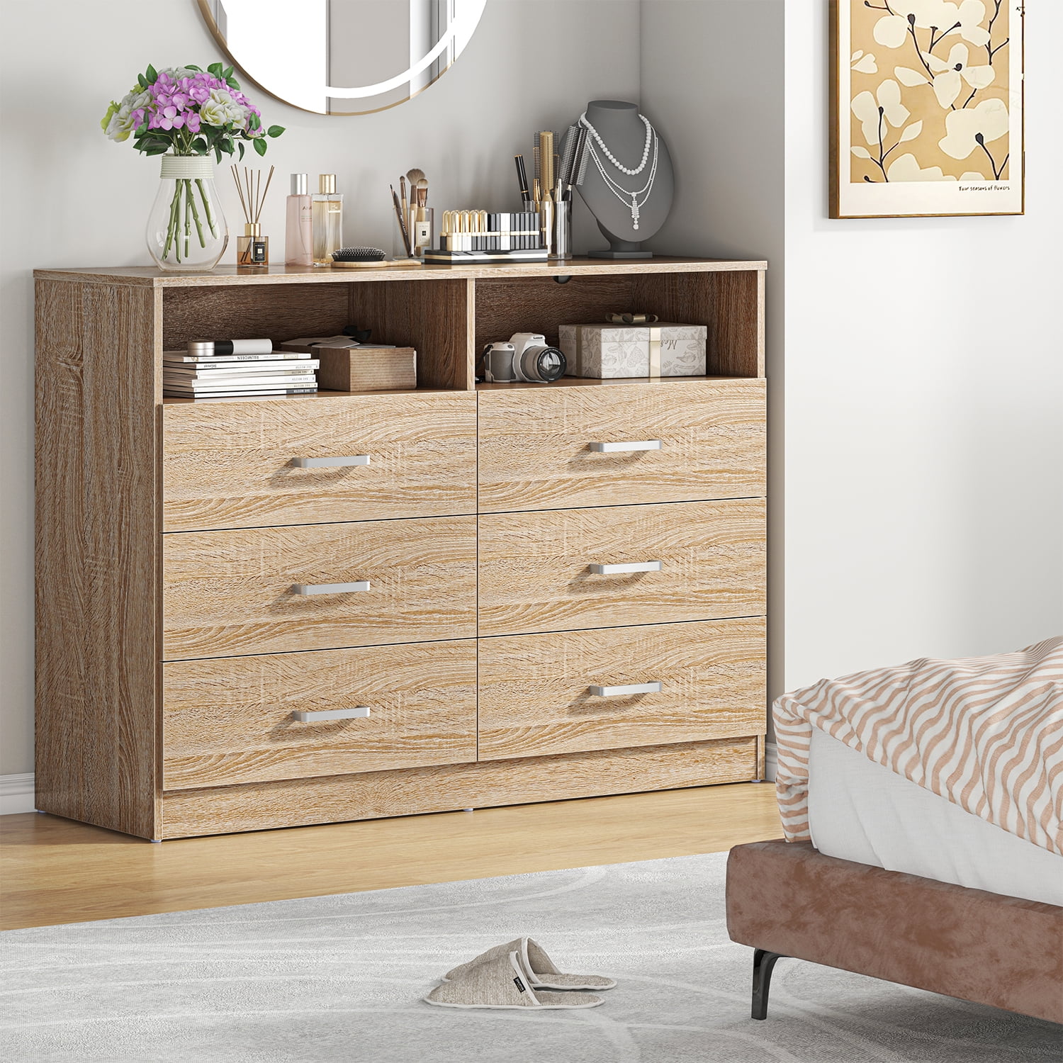 Meteorleg 6 Drawer Dresser with Open Storage,Natural Wood Dresser