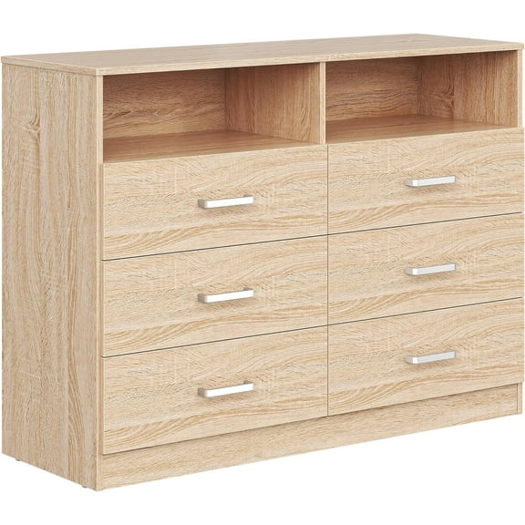 Meteorleg 6 Drawer Dresser with Open Storage,Natural Wood Dresser,Modern Double Dresser for Bedroom,Living Room,Entryway,Light Oak