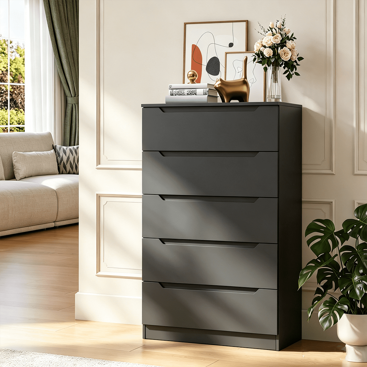 black large dresser with deep drawers Meteorleg 5 Drawer for Bedroom, 48 inch H Tall Modern Chest of Drawers, Wood Storage Dresser for Living Room Hallway store your clothes True to Size MICHAEL Michael Kors RUCHED Color:Sunrise/Floral