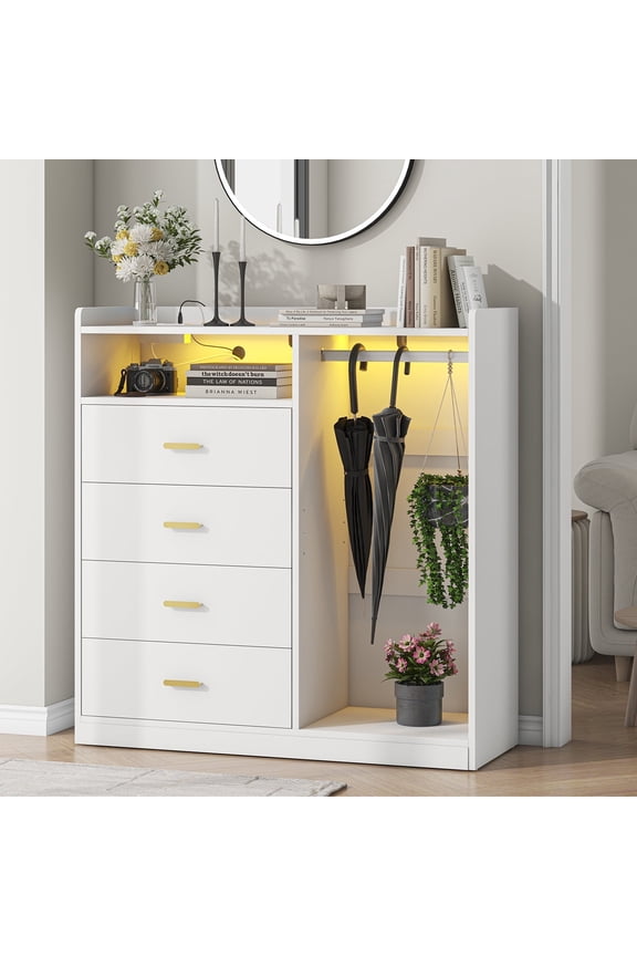 Dresser with Clothes Rack,4 Drawers Dresser with Charging Station & LED Lights,Modern LED Chests of Drawers for bedroom Living Room,White