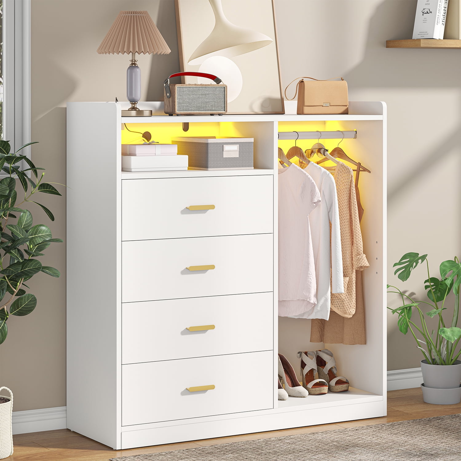 Meteorleg Dresser with Clothes Rack,4 Drawers Dresser with Charging ...