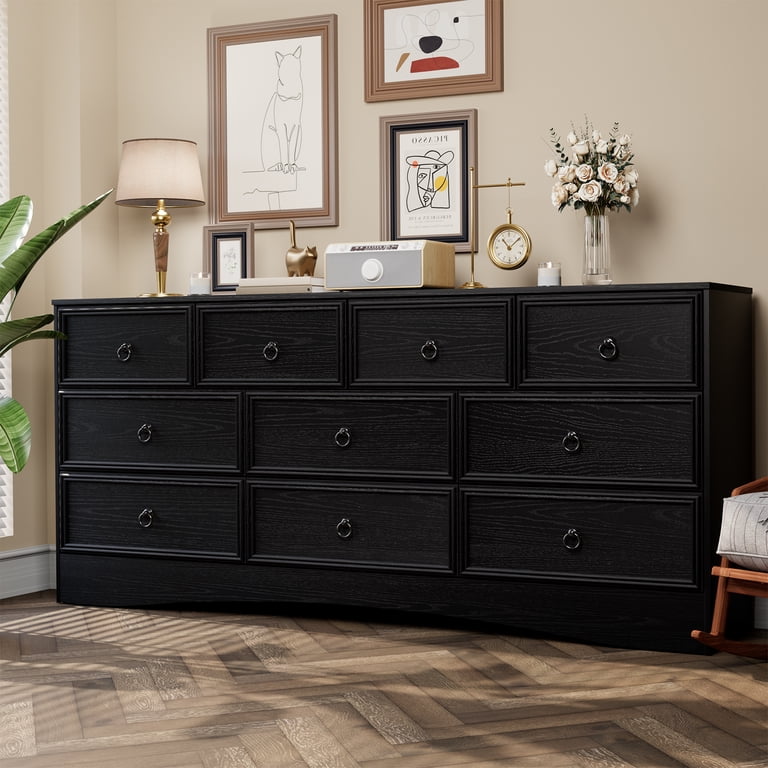black long dresser Garvee 18-Drawer with Charging Station for Bedroom or Living Room, 63-Inch Fabric Organizer with Metal Frame & Wood Top With 9 wide and deep drawers MULEJYBO 10 Drawer Black Dresser