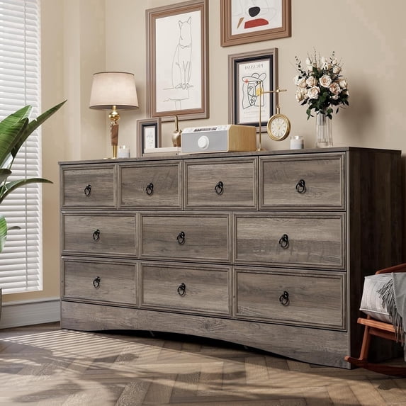 Meteorleg Farmhouse 10 Drawer Dresser for Bedroom – 63'' Long Dresser Wood Chest of Drawers,TV Stand for 75 inch TV, Storage Organizer Furniture, Hallway, Entryway, Closet, Gray