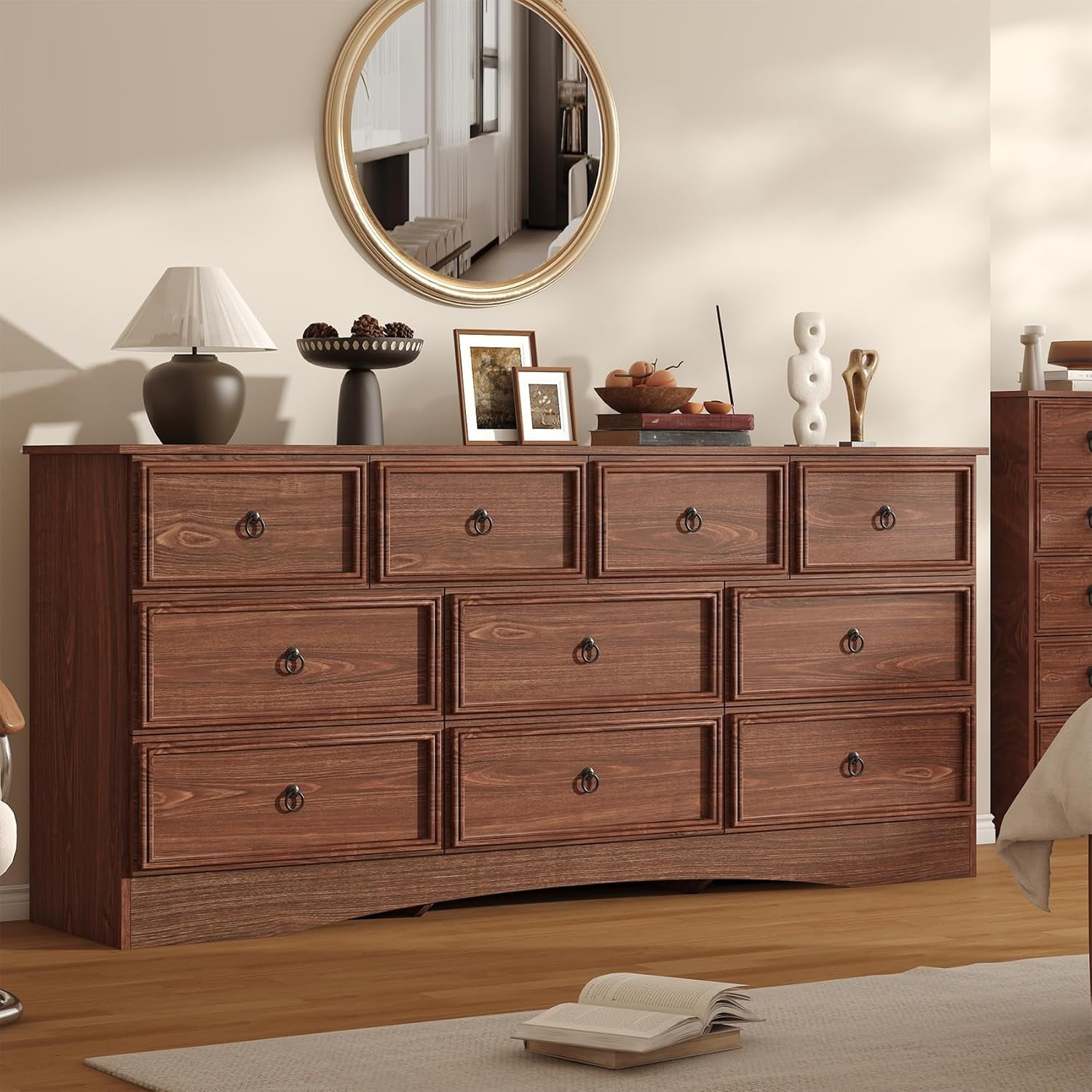 Meteorleg Farmhouse 10 Drawer Dresser for Bedroom – 63'' Long Dresser Wood Chest of Drawers,TV Stand for 75 inch TV, Storage Organizer Furniture, Hallway, Entryway, Closet, Cherry