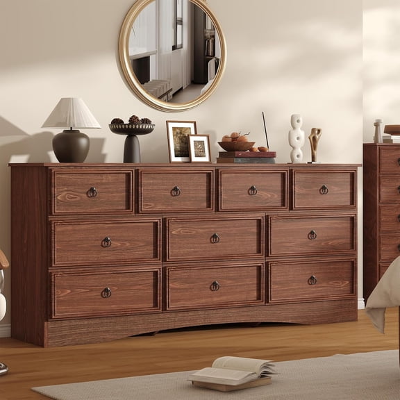 Meteorleg Farmhouse 10 Drawer Dresser for Bedroom – 63'' Long Dresser Wood Chest of Drawers,TV Stand for 75 inch TV, Storage Organizer Furniture, Hallway, Entryway, Closet, Cherry