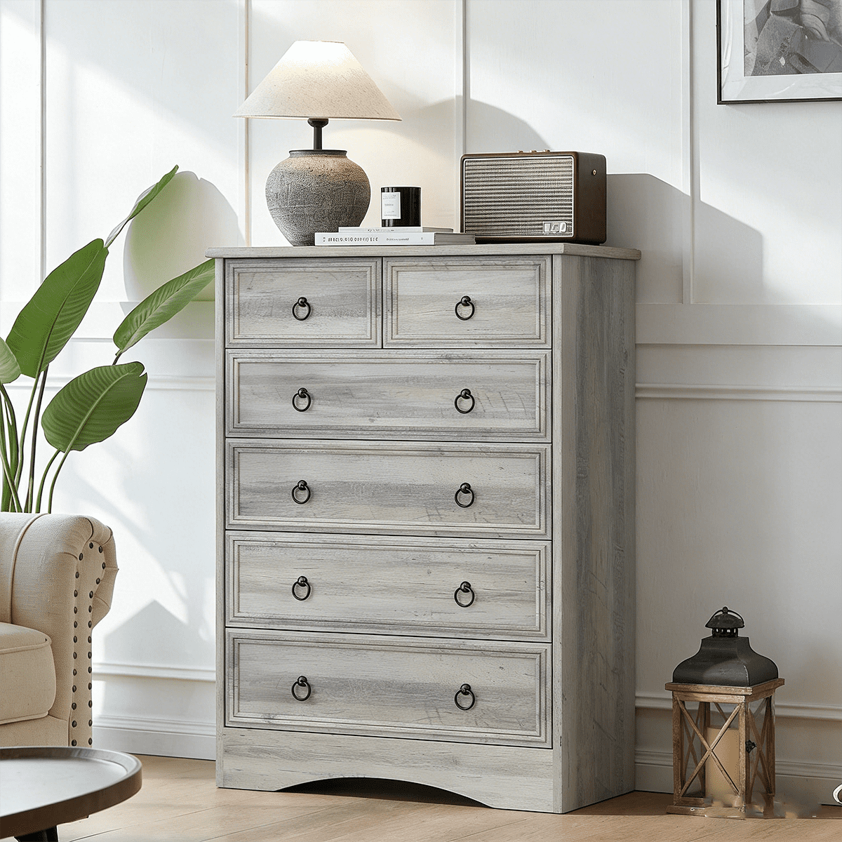 Meteorleg Farmhouse 6 Drawer Dresser, Grey Chest of Drawers, 48" Tall Dressers for Bedroom, Rustic Wood Storage Organizer for Living Room, Hallway, Closet