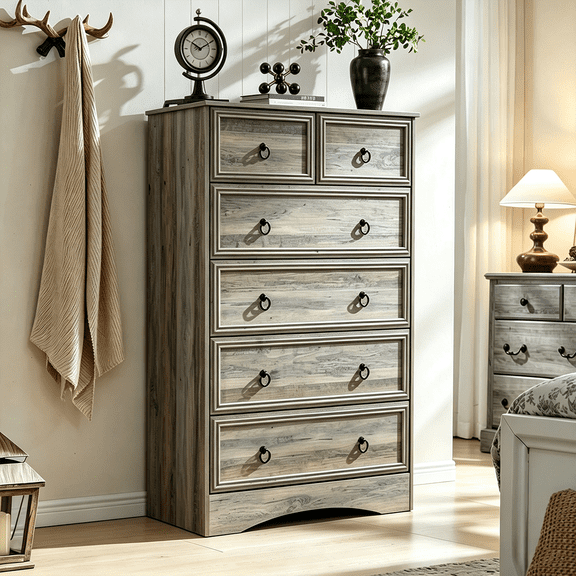 Meteorleg Farmhouse 6 Drawer Dresser, Grey Chest of Drawers, 48" Tall Dressers for Bedroom, Rustic Wood Storage Organizer for Living Room, Hallway, Closet