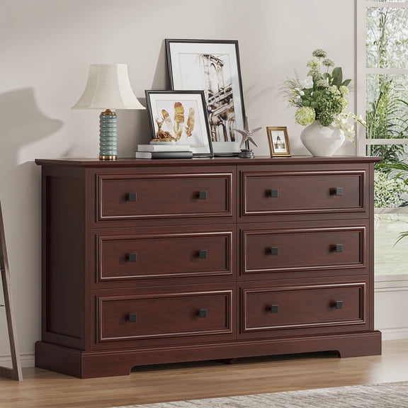 Meteorleg Farmhouse 6 Drawer Dressers for Bedroom, 53.9'' Wide Dresser & Chests of Drawers, Horizontal Wooden TV Stand Dresser for Bedroom, Hallway, Living Room, Cherry