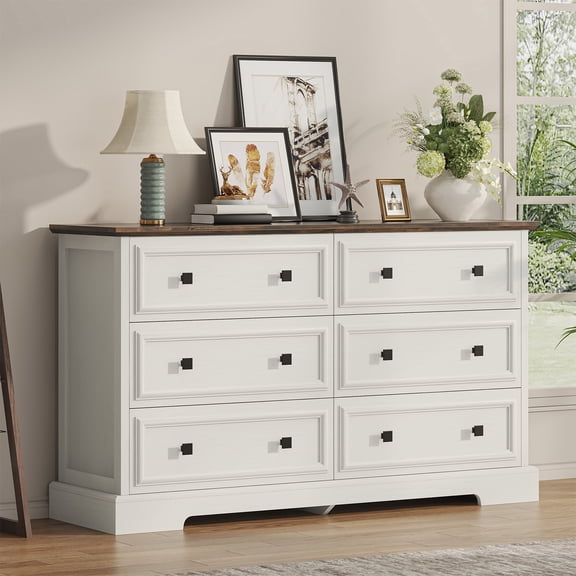 Meteorleg Farmhouse 6 Drawer Dressers for Bedroom, 53.9'' Wide Dresser & Chests of Drawers, Horizontal Wooden TV Stand Dresser for Bedroom, Hallway, Living Room, White
