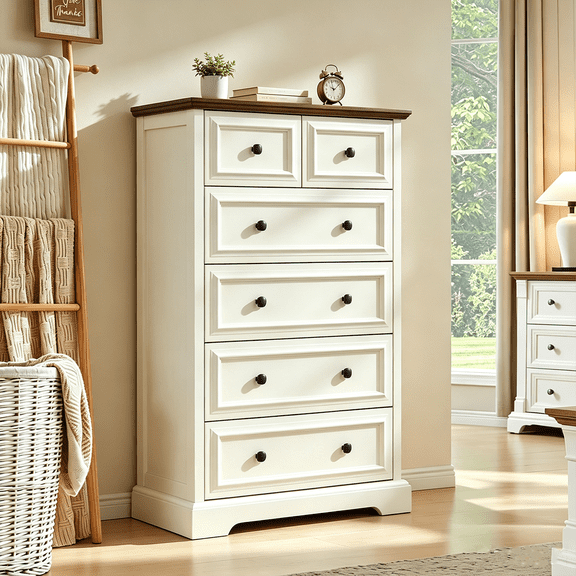 Meteorleg Farmhouse 6 Drawers Dresser for Bedroom, 48" Tall Wood Rustic Chest of Drawers with Vintage Design, Storage Dressers Organizer for Bedroom, Living Room, Hallway, Antique White