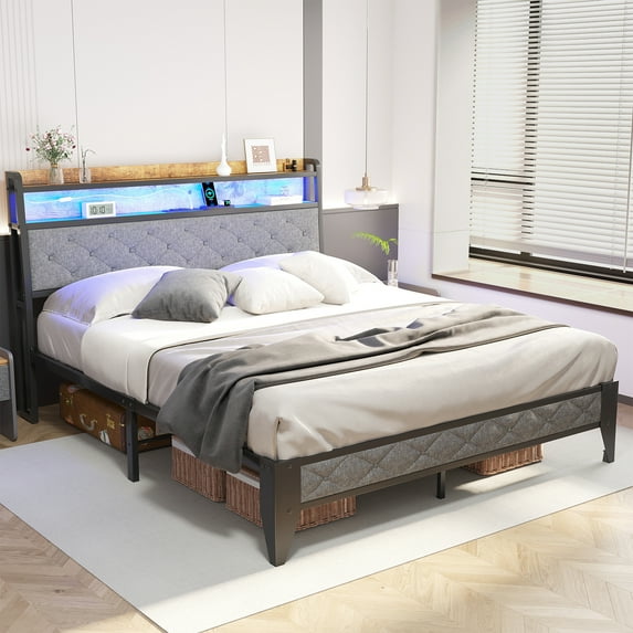 Meteorleg Full Size Bed Frame with Storage Headboard & Charging Station,Platform Metal Bed Frame with RGB Lights,Grey