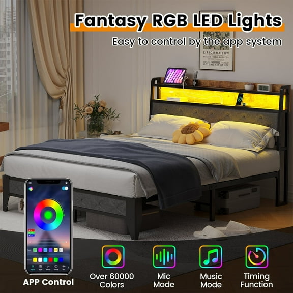 Meteorleg Full Size Bed Frame with Storage Headboard & Charging Station,Platform Metal Bed Frame with RGB Lights,Grey