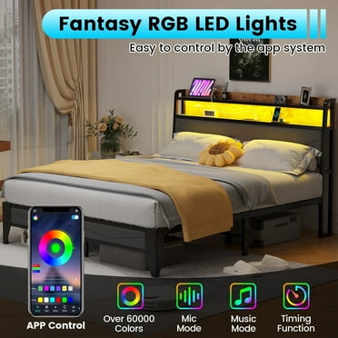 Meteorleg Full Size Bed Frame with Storage Headboard & Charging Station,Platform Metal Bed Frame with RGB Lights,No Box Spring Needed, Grey