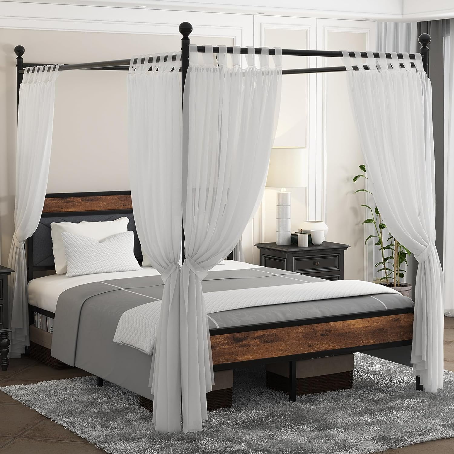 Meteorleg Full Size Canopy Bed Frame,Metal Canopy Bed Frame with Wooden