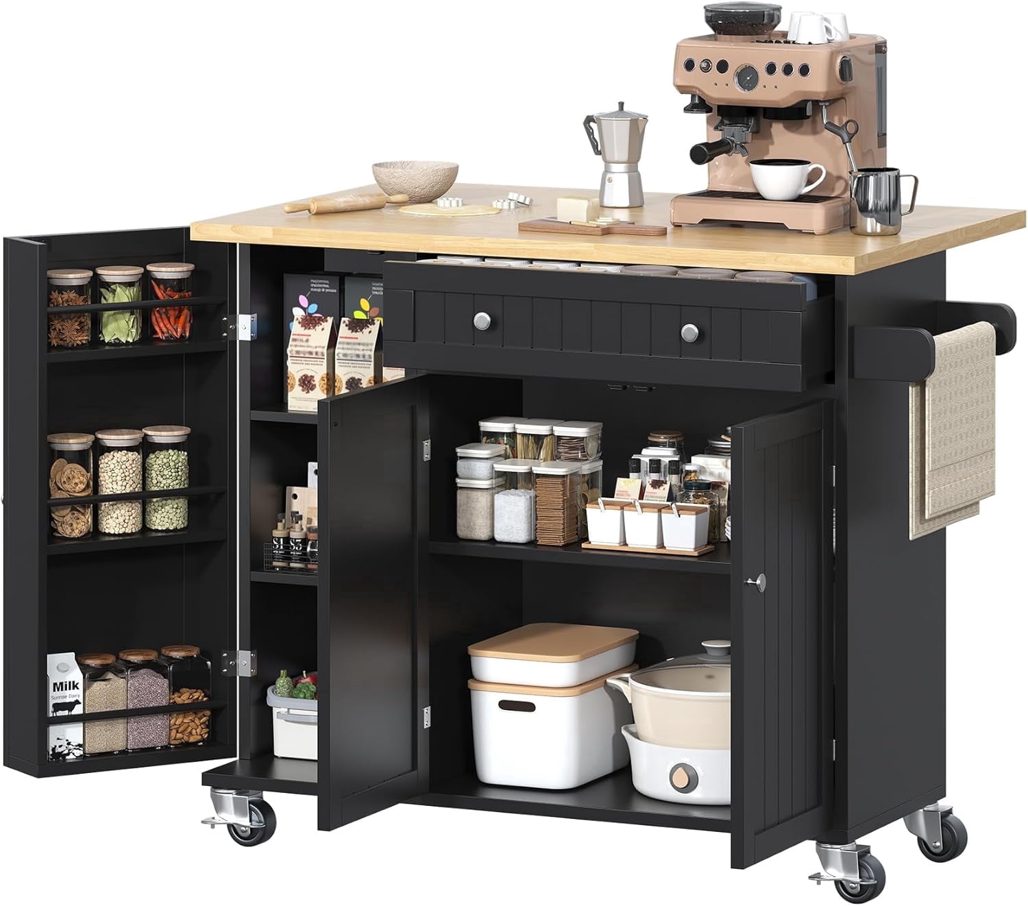 Meteorleg Kitchen Island with Storage, 41.3" W Wood Kitchen Island Cart with Drop Leaf, Black Rolling Cart with Lockable Wheels