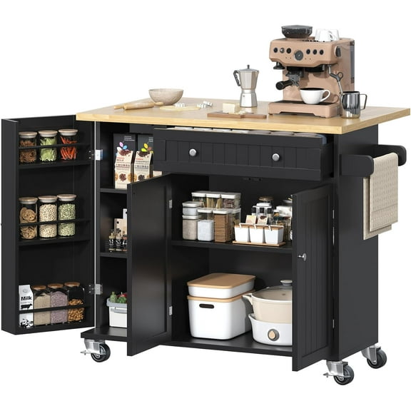 Meteorleg Kitchen Island with Storage, 41.3" W Wood Kitchen Island Cart with Drop Leaf, Black Rolling Cart with Lockable Wheels
