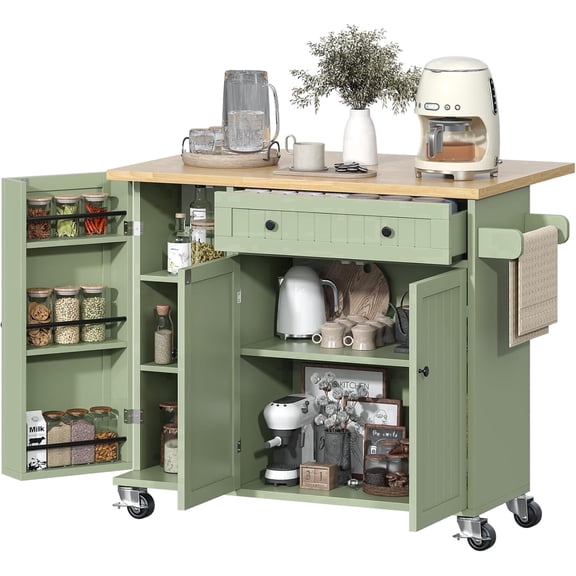 Meteorleg Kitchen Island with Storage, 41.3" W Wood Kitchen Island Cart with Drop Leaf, Rolling Cart with Lockable Wheels,Green