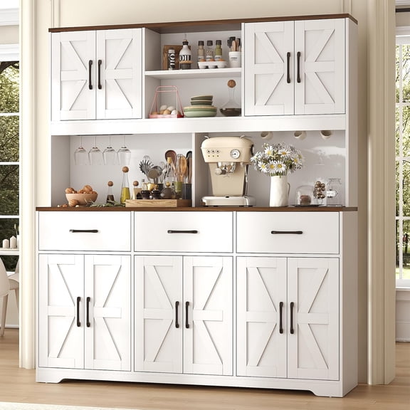 Meteorleg Kitchen Pantry cabinet with Hutch and Drawers, 71" Tall Storage Cabinet with 62" Wide Countertop and Built-In Power Outlet, Farmhouse Coffee Bar for Dining Room, White