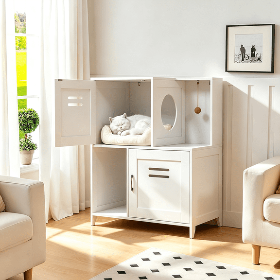 Meteorleg Litter Box Enclosure, Litter Box Furniture with Storage, 2-in-1 Hidden Cat Furniture with Sisal Hanging Ball & Ventilation Holes, Large Wooden Cat Washroom, White