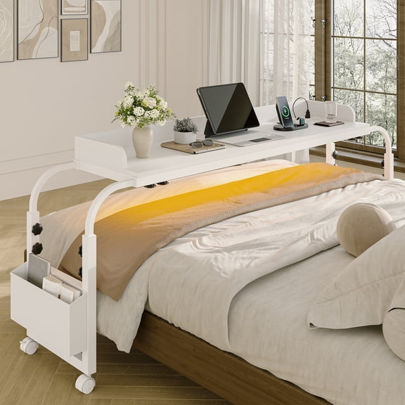 Meteorleg Overbed Table with Wheels, 70.8" Queen Size Bed Table Over the Bed Table with Charging Station and LED Light, Rolling Laptop Table Over Bed Desk for Home and Hospital, White