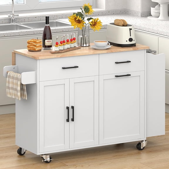 Meteorleg Rolling Kitchen Island with Drop Leaf, Tilt Out Kitchen Trash Cabinet 10 Gallon Storage, Kitchen Cart Island with Rubber wood Top, Spice Rack and Drawers,White