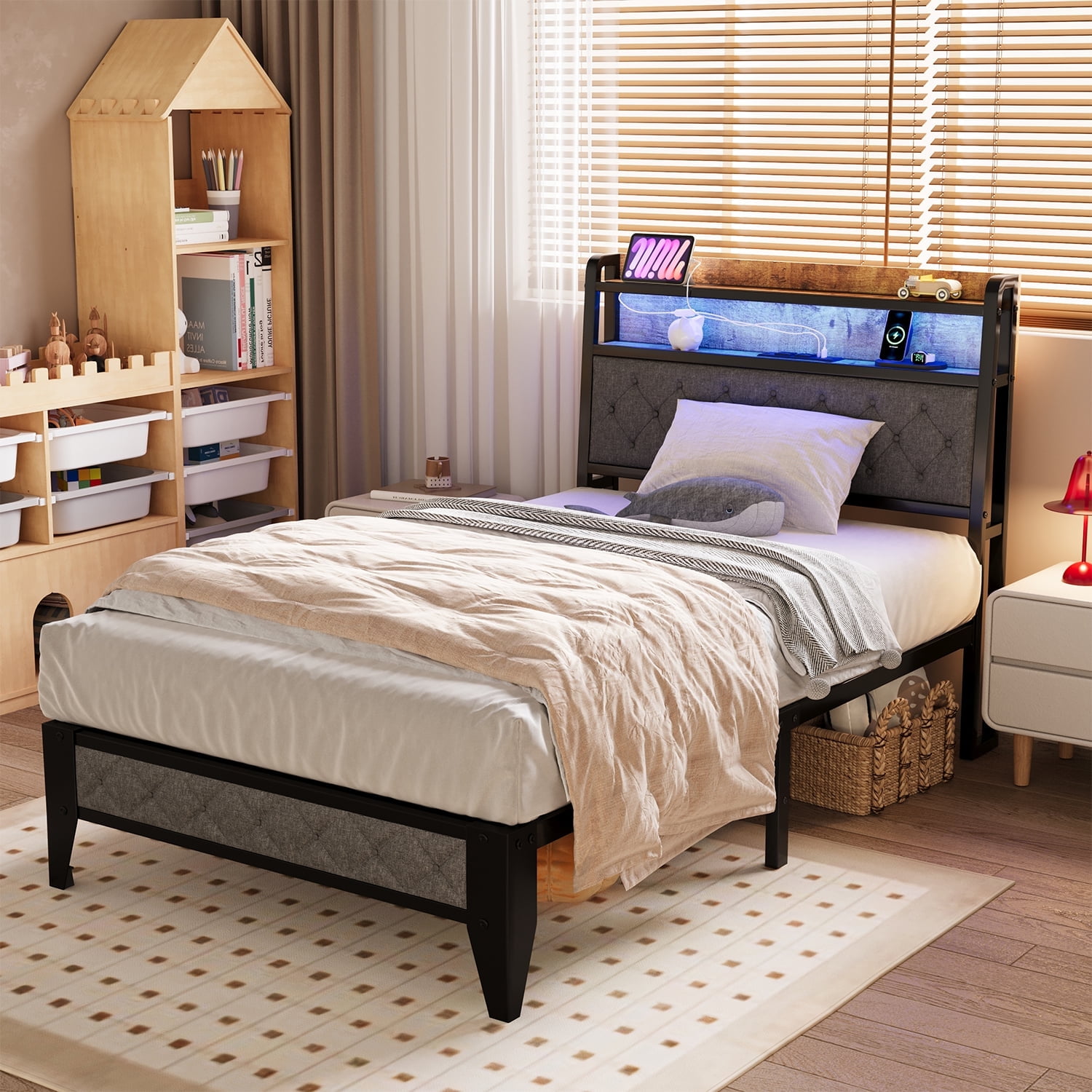 Meteorleg Twin Size Bed Frame with Storage Headboard & Charging Station,Platform Metal Bed Frame with RGB Lights,Grey