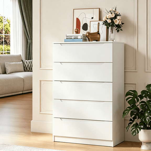 Meteorleg White 5 Drawer Dresser for Bedroom, 48" H Tall Modern Chest of Drawers, Wood Storage Dresser with Deep Drawers for Living Room Hallway Entryway