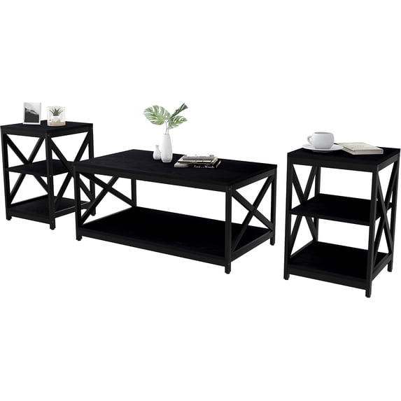 Meteorleg Wood Living Room 3-Piece Table Sets - Includes X-Design Coffee Table & Two 3-Tier End Side Tables,Easy Assembly Home Accent Furniture