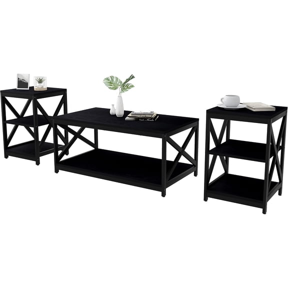 Meteorleg Wood Living Room 3-Piece Table Sets - Includes X-Design Coffee Table & Two 3-Tier End Side Tables,Easy Assembly Home Accent Furniture