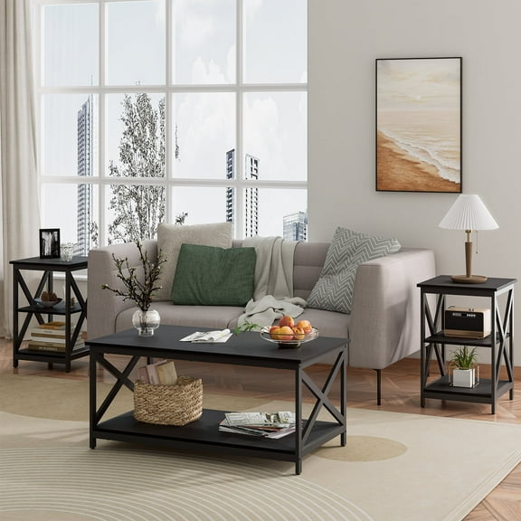 Meteorleg Wood Living Room 3-Piece Table Sets - Includes X-Design Coffee Table & Two 3-Tier End Side Tables,Easy Assembly Home Accent Furniture