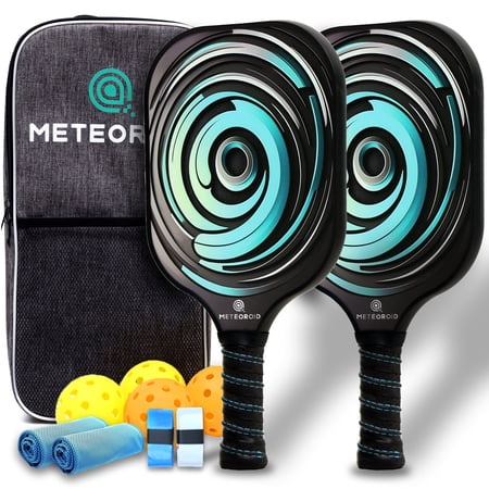 Meteoroid Pickleball Paddles Set of 2 - USAPA Approved Lightweight Fiberglass Surface Rackets with 4 Balls, 2 Cooling Towel, Anti-Slip Sweat Absorbing Grips and 1 Bag