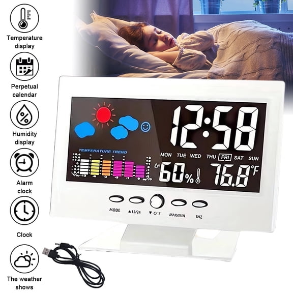 Digital Weather Station Clock, Color Display Indoor Thermometer Hygrometer, with Alarm, Calendar, Weather Forecast, Voice Control Backlight, for Home Office