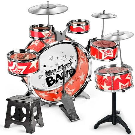 Meterk 6-Piece Drum Set Drum Kit Jazz Drum Set with Folding Step Stool Cymbal Pedal Drumsticks Percussion Musical Instrument for Junior Beginners
