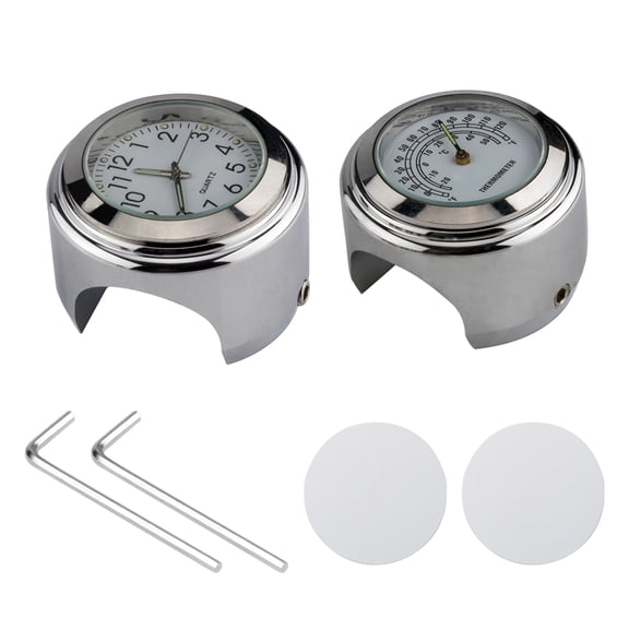 Meterk Universal Motorcycle Handlebar Clock Thermometer Waterproof Replacement for Motorcycles Bicycles 22mm-25.4mm7/8 ''- 1'' Handlebars Silver Shell White Dial Clock + Thermometer