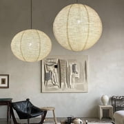 Methedeeco Linen Hanging Lamp Shades Set of 2, 24" & 20" Foldable Fabric Pendant Lamp Shades with Metal Frame, White, Shade Only