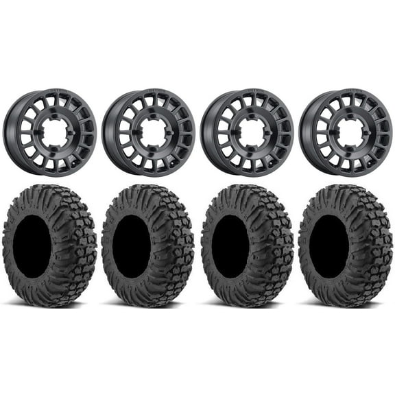 Method 407 15" Wheels Black 34" MotoVator Tires Can-Am Maverick X3 / Honda Pioneer 1000 / Talon