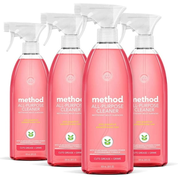 Method All-Purpose Cleaner Spray, Pink Grapefruit, Plant-Based and Biodegradable Formula Perfect for Most Counters, Tiles, Stone, and More, 28 oz Spray Bottles, Pack of 4