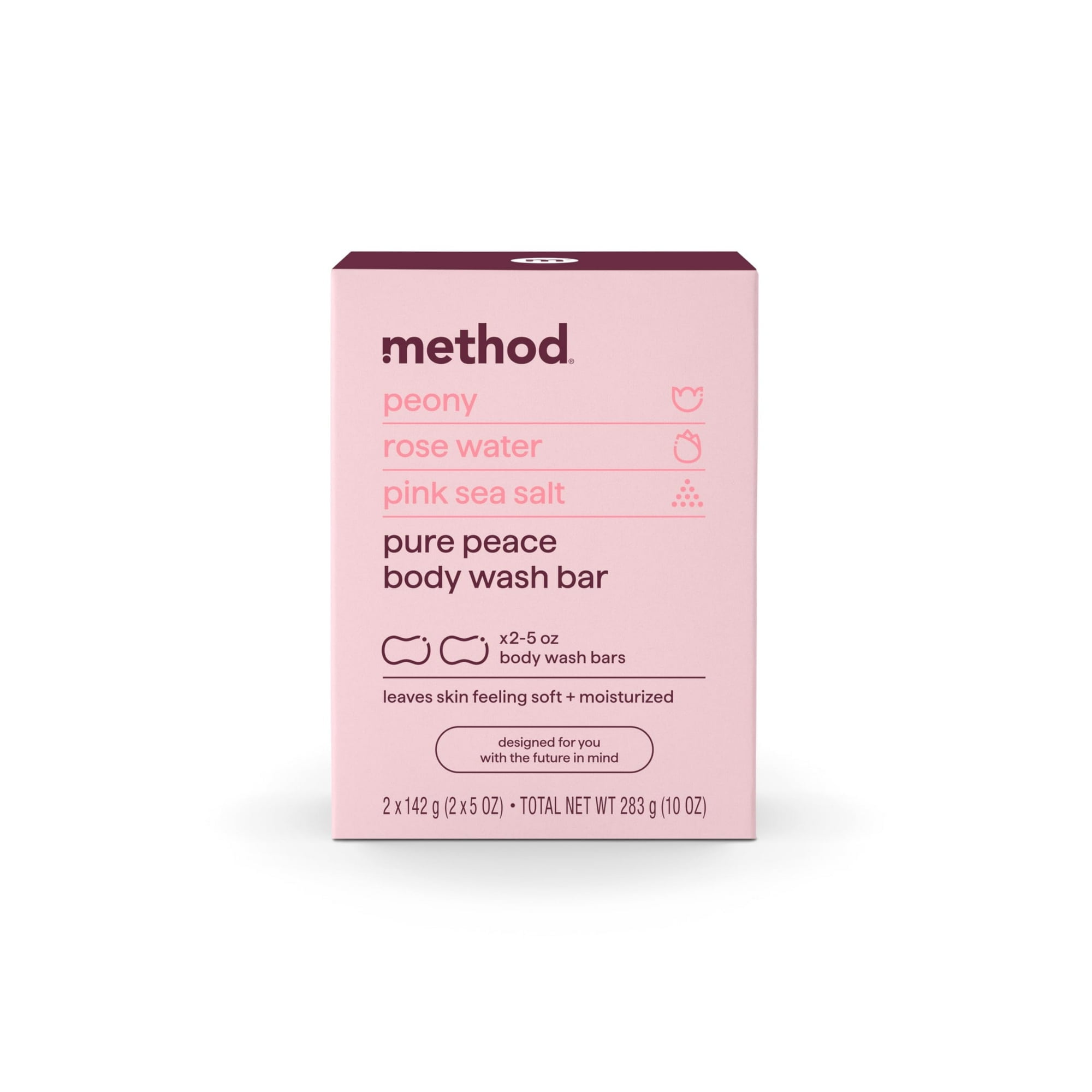 Method Bar Soap, Pure Peace, Pure Peace, Rose Water, Peonies + Pink Sea Salt notes, Plastic Free, 2 bars, 5oz each