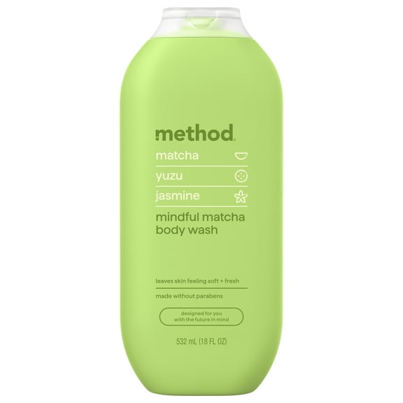method Body Wash, Mindful Matcha - Leaves Skin Feeling Soft & Moisturized, Made Without Parabens, Notes of Matcha, Yuzu & Jasmine, 18 fl oz