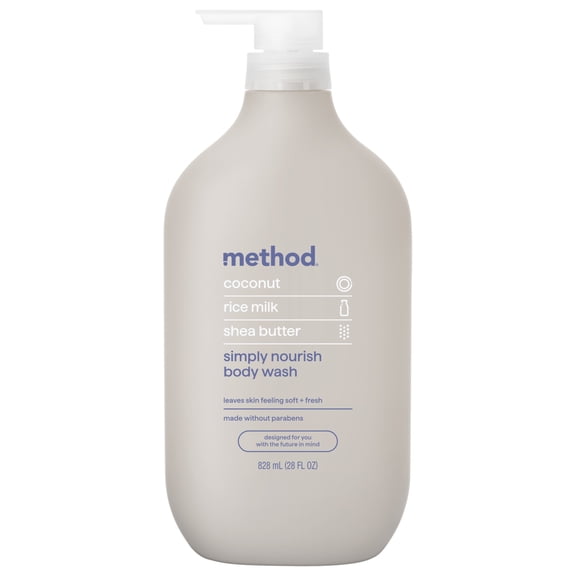 method Body Wash, Simply Nourish - Leaves Skin Feeling Soft & Moisturized, Made Without Parabens, Notes of Coconut, Rice Milk & Shea Butter, 28 Fl Oz