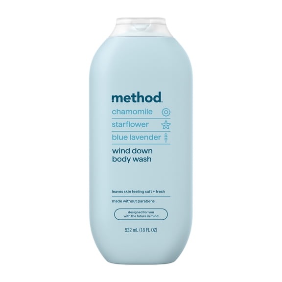 method Body Wash, Wind Down - Leaves Skin Feeling Soft & Moisturized, Made Without Parabens, Notes of Chamomile, Starflower & Blue Lavender, 18 fl oz
