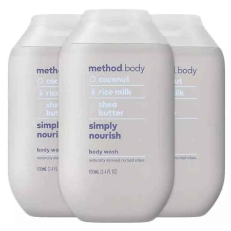 Method Coconut Simply Nourish Body Wash 3.4 Fl Oz Travel Size (Pack OF 3)