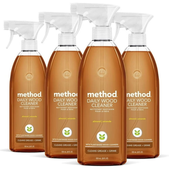 Method Daily Hardwood Cleaner, Almond, Plant-Based Formula That Cleans Shelves, Tables and Other Wooden Surfaces While Removing Dust & Grime, 28 Fl Oz, Pack of 4
