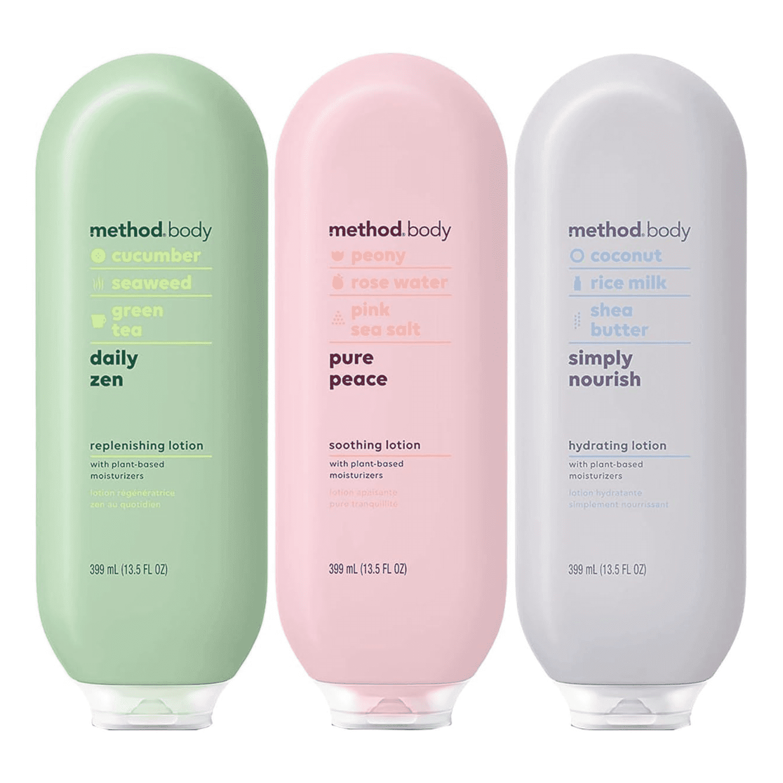 Method Daily Lotion 3 Scent Variety, 1 Daily Zen, 1 Pure Peace, 1 Simply Nourish, 13.5 oz Each (Variety Pack)