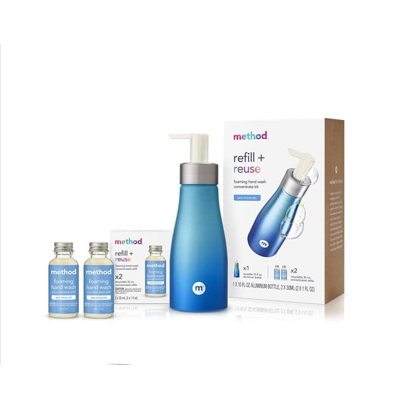 Method Foaming Hand Wash Concentrates Starter Kit, Sea Minerals, 1 Reusable 10 Fl Oz Bottle And 2 Recyclable 1 Fl Oz Refills.