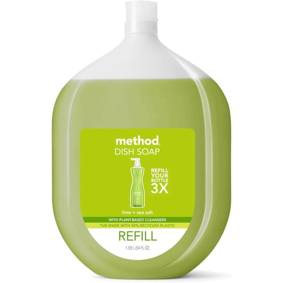 Method Gel Dish Soap Refill, Lime + Sea Salt Scent, Powerful Cleaning Formula, Large Refill Tub, Cuts Through Grease, 54 Fl Oz