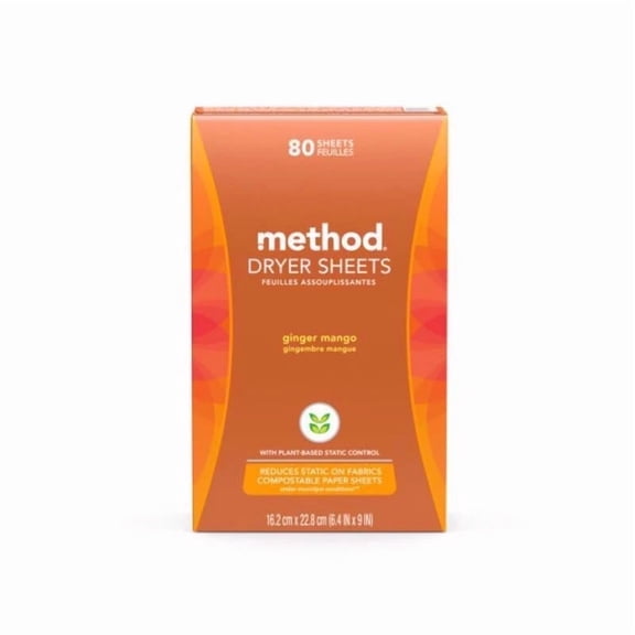 Method Ginger Mango Scent Paper Dryer Sheets 80 Pk Cruelty Free Plant Based