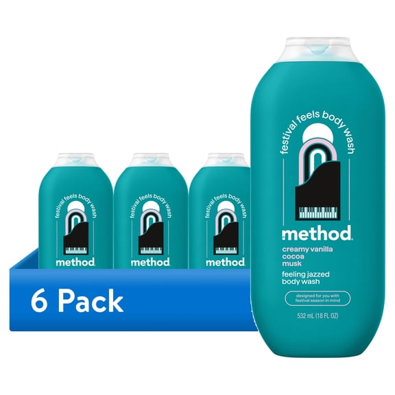 (6 pack) Method Limited Edition Body Wash, Feeling Jazzed with notes of Creamy Vanilla, Cocoa, and Musk, 18 fl oz