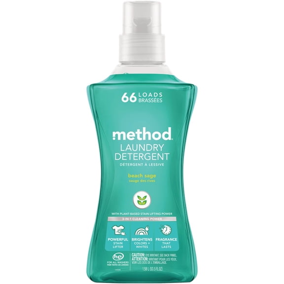 Method Liquid Laundry Detergent; Beach Sage Scent, Plant-Based Stain Remover; ; 66 Loads per 53.5 fl oz bottle; 4 Pack 264 Total Loads; Packaging May Vary